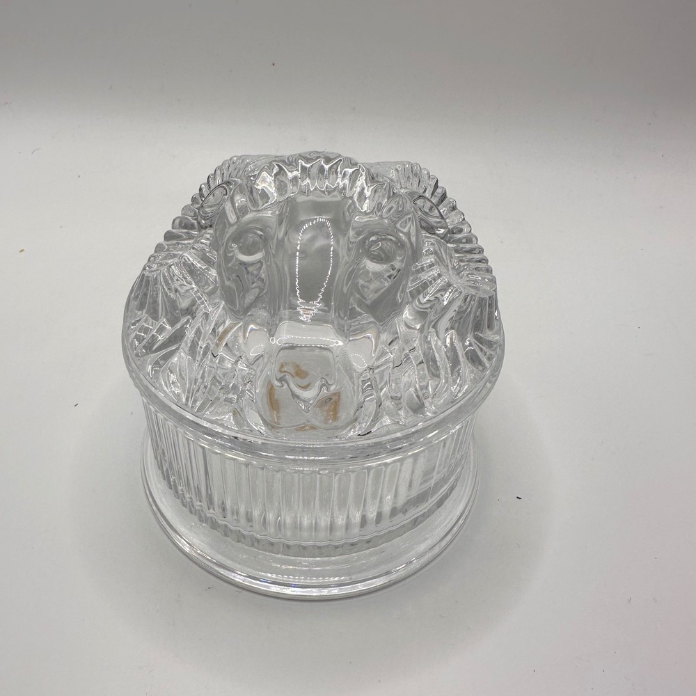 Val St Lambert Belgium Crystal Ram Head Trinket Box Ribbed Glass Jewelry Dish